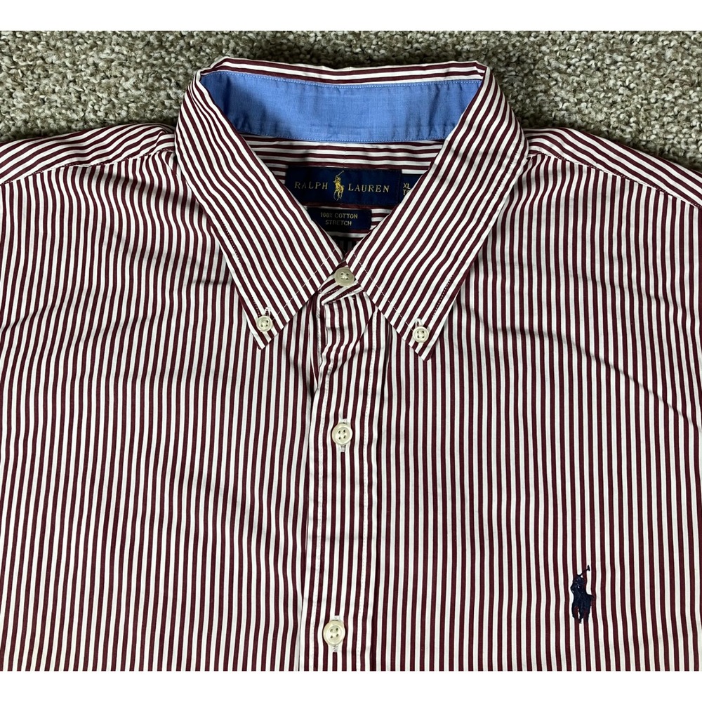 Ralph Lauren Mens XL Striped Button Down Shirt Burgundy White Cotton Stretch
